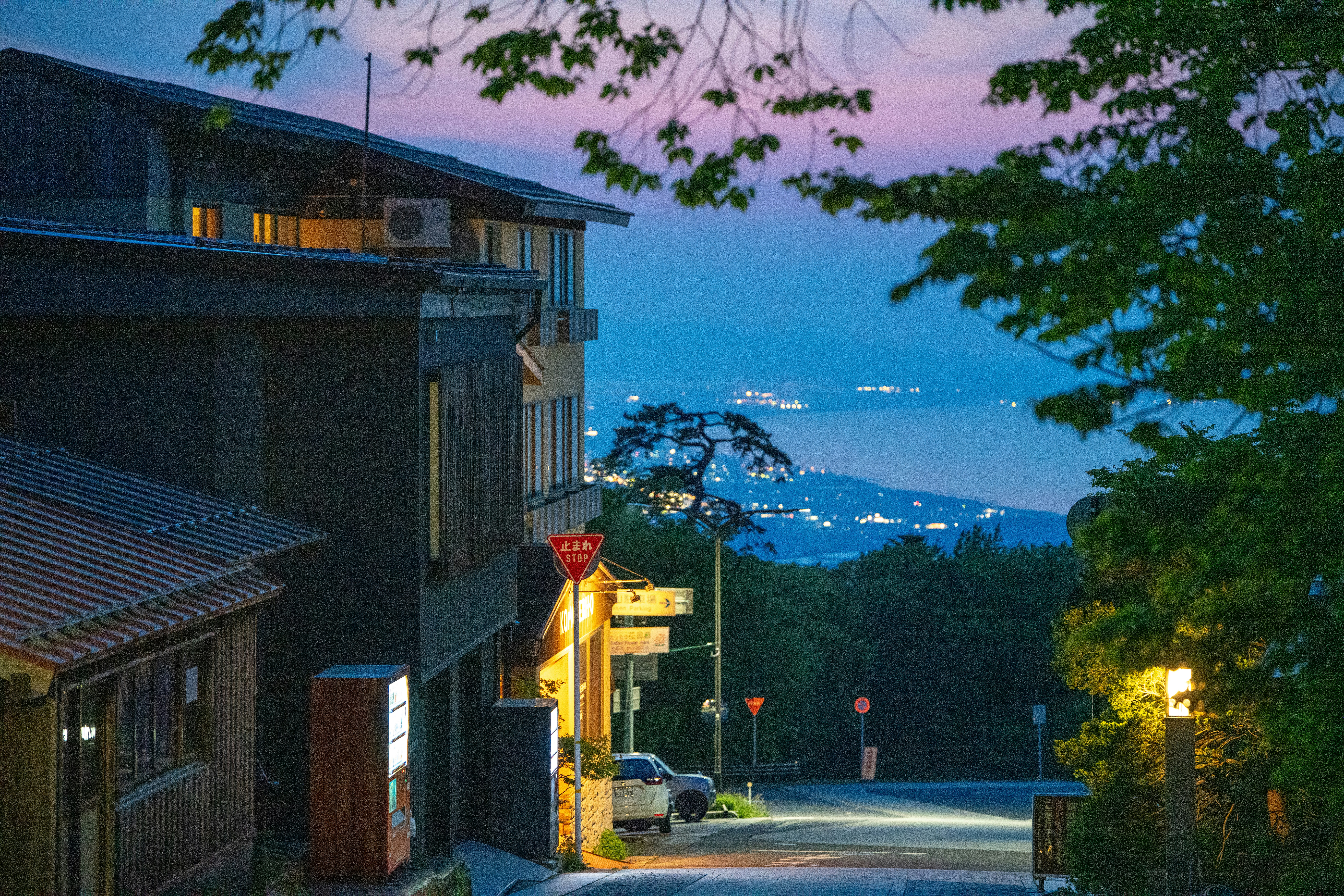 A japanese town at twilight with city lights.