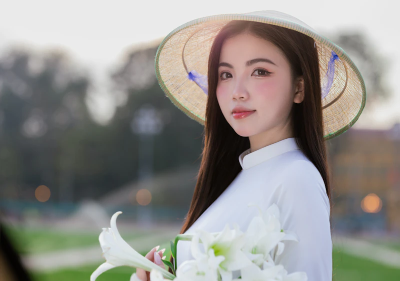 Camera-ready—woman in hat holding flowers, smiling