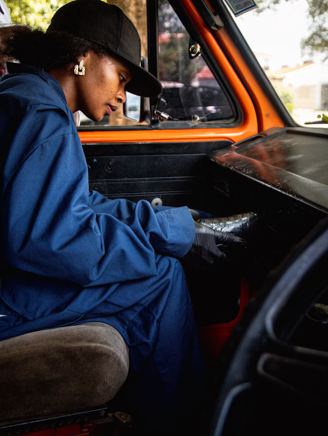 Portrait of Nomvula Dlamini working on a vehicle