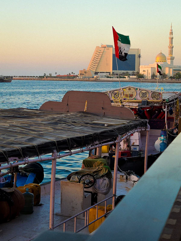 Boats moored along a waterfront in the UAE
