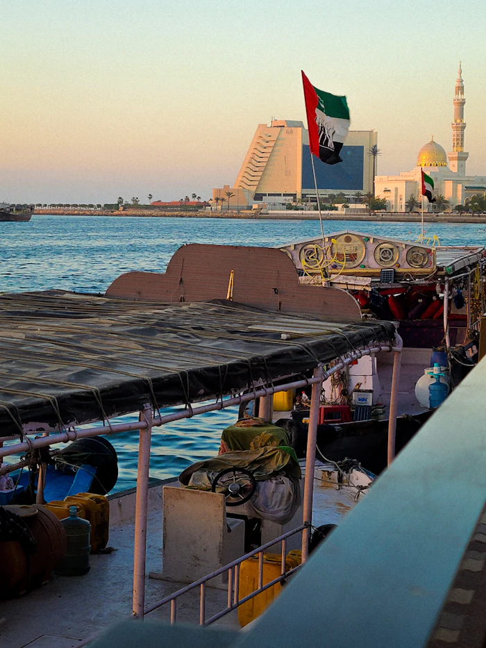 Boats moored along a waterfront in the UAE