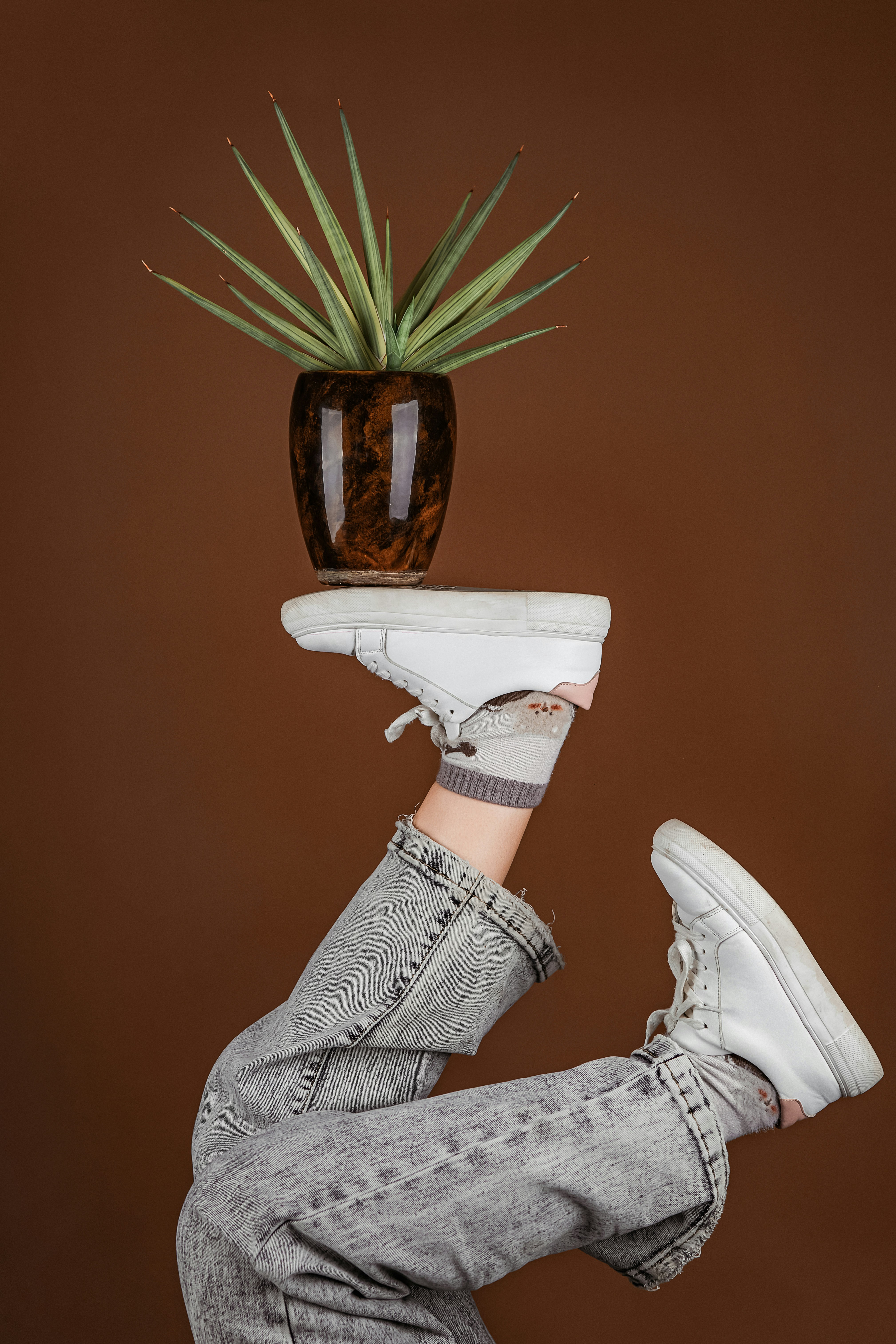 Planta se equilibra a pé usando tênis branco.
