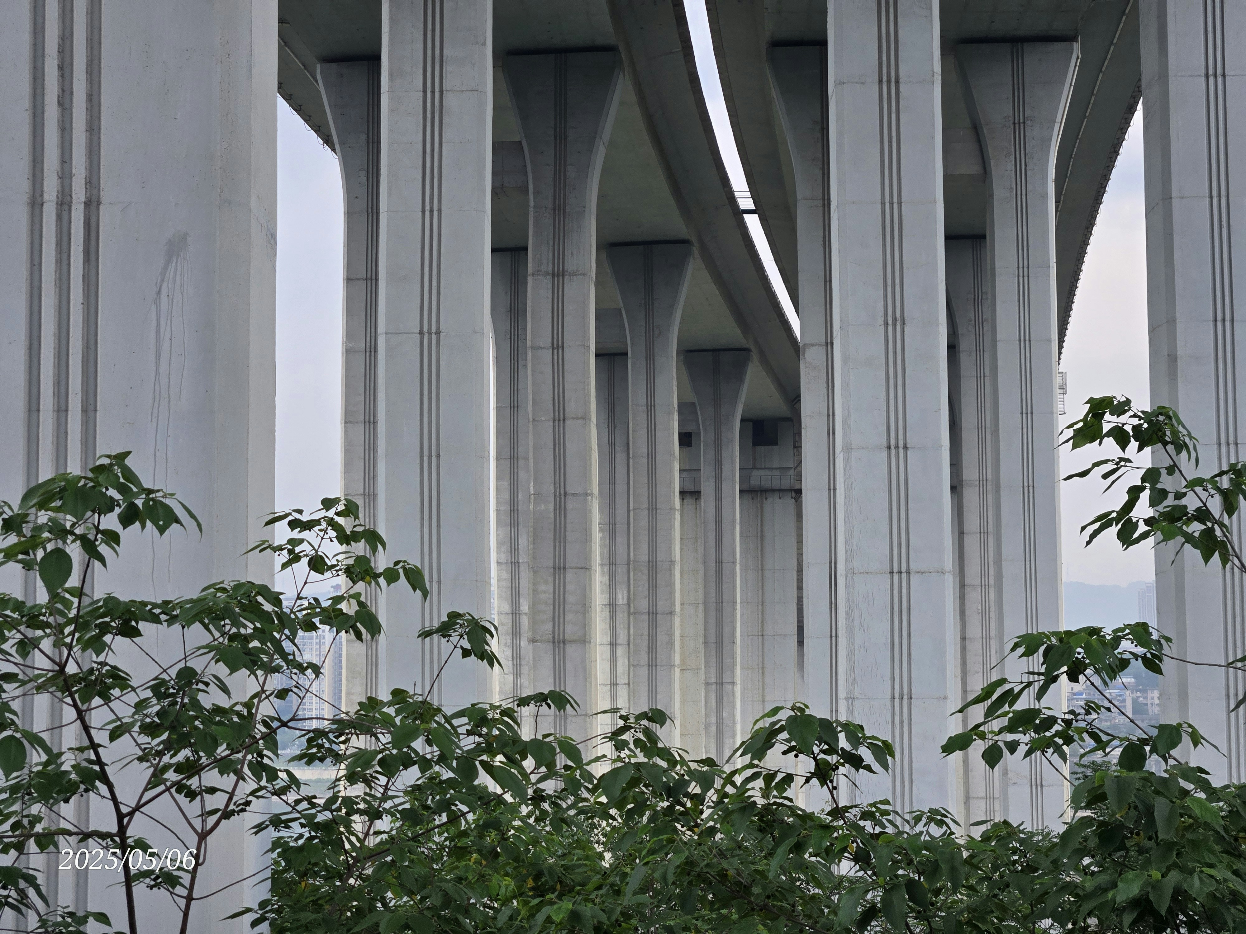 Large concrete columns support an elevated roadway.