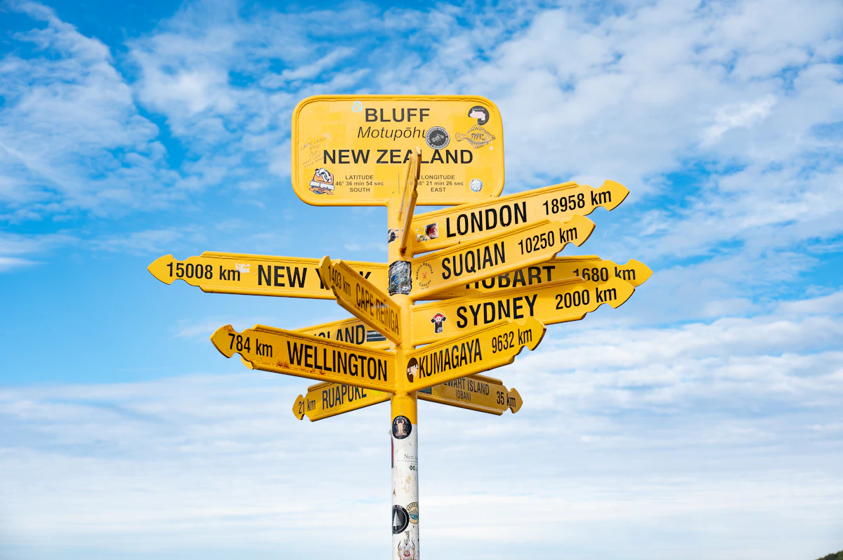 The yellow signpost at Bluff, its arms pointing to London, Sydney and Wellington