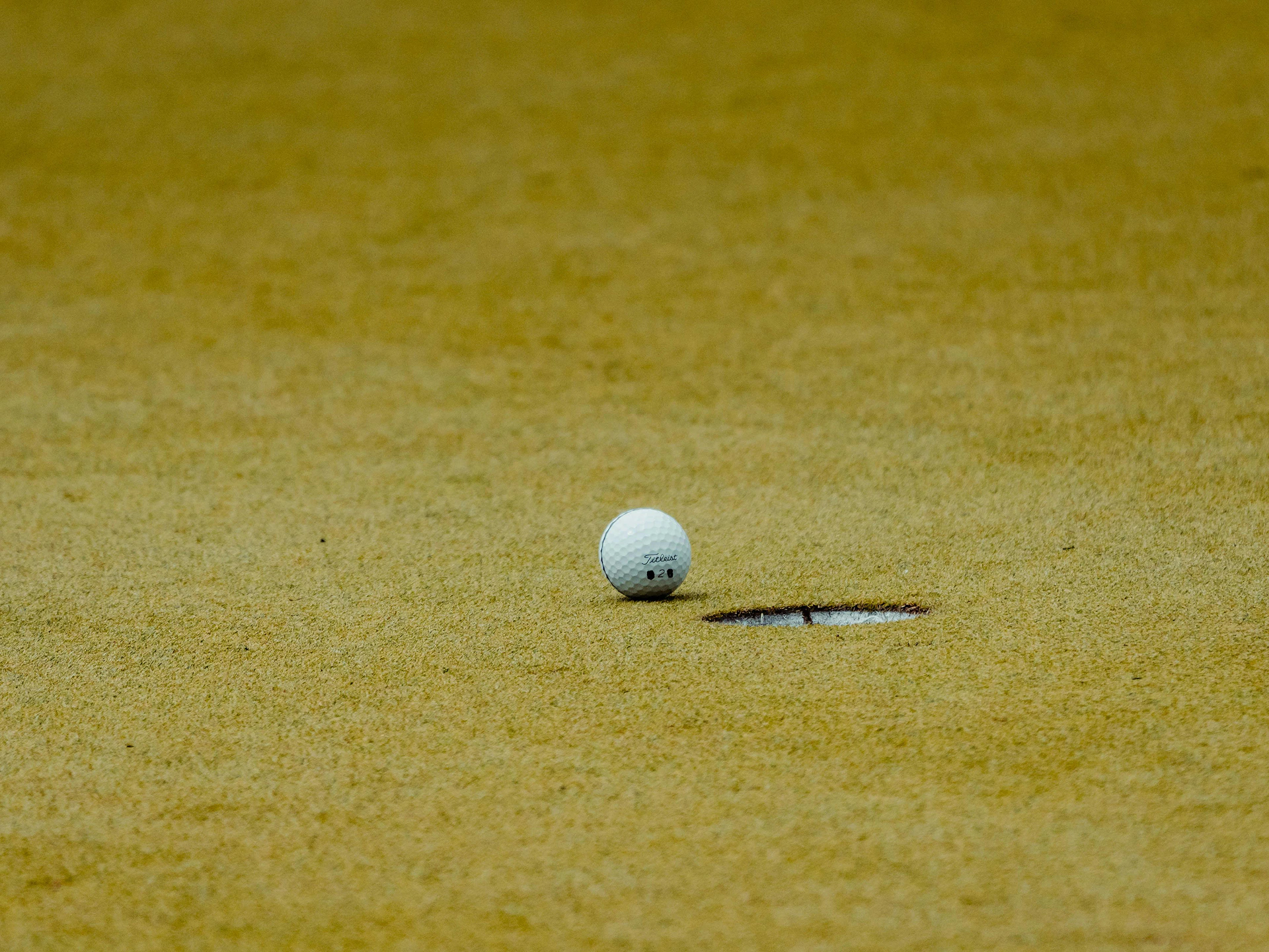A golf ball is next to the hole.