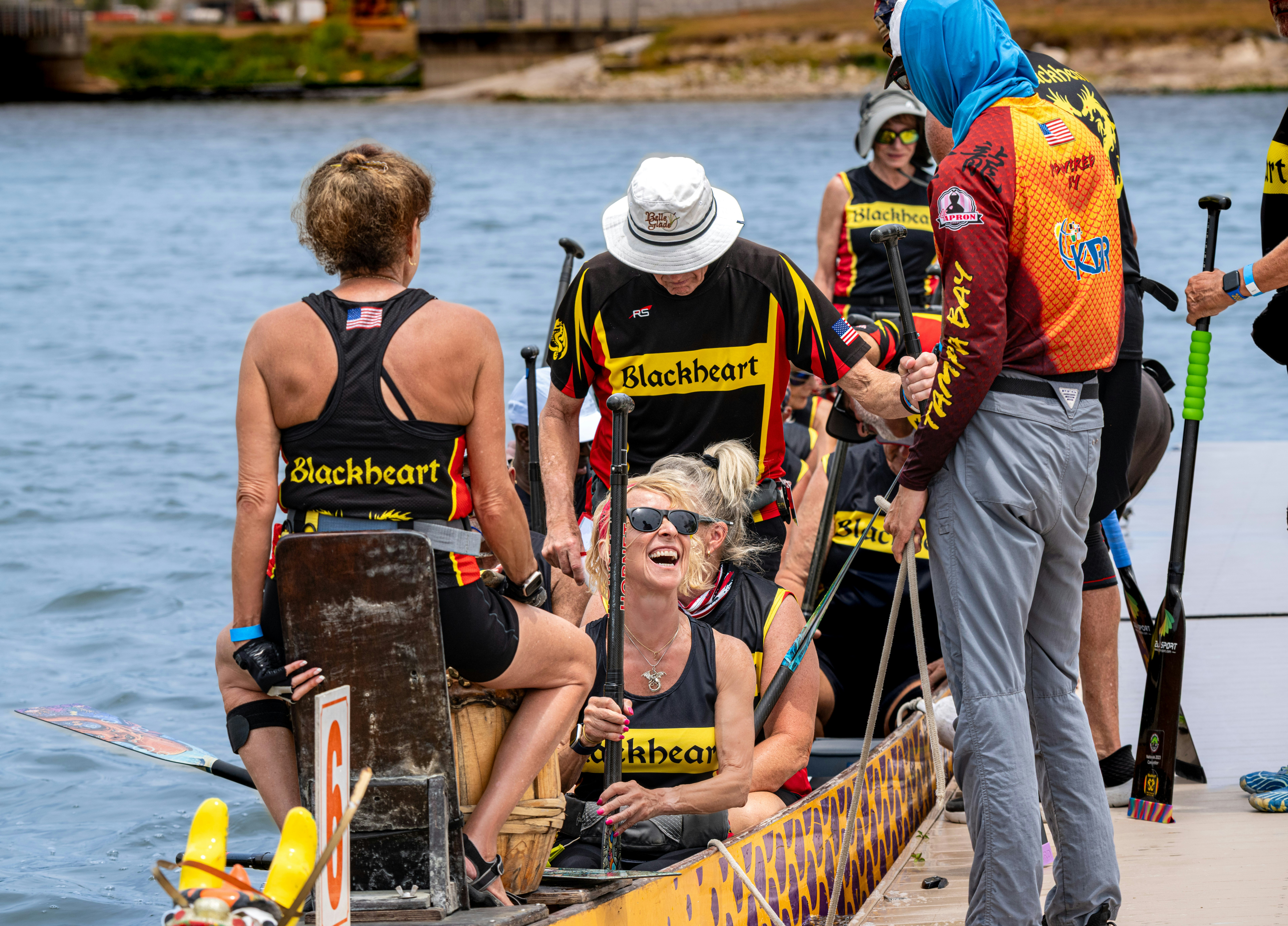 A dragon boat team prepares to launch.