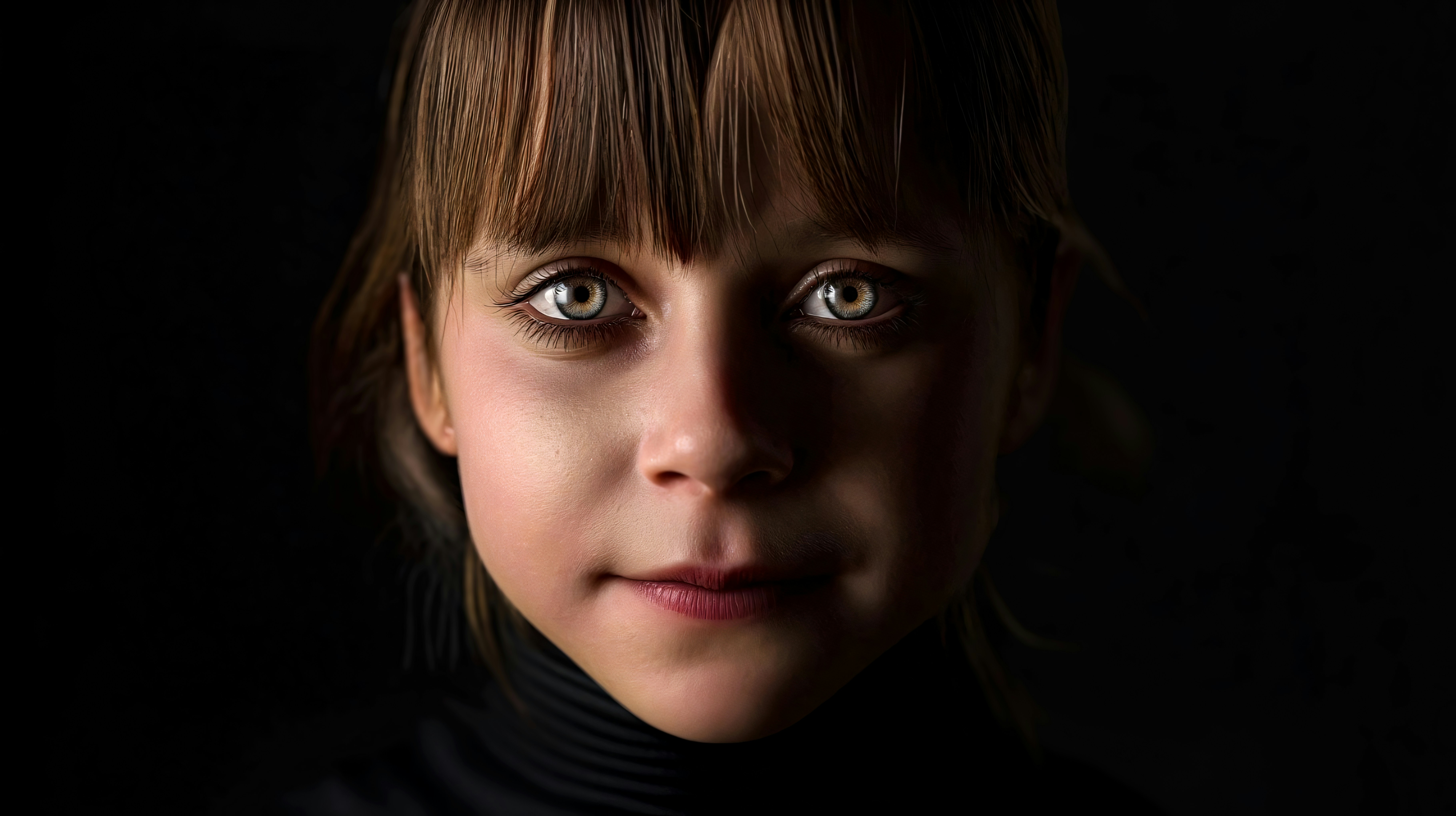 Uma jovem é iluminada na escuridão.