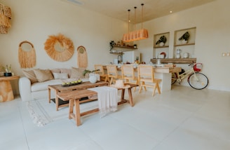 A cozy, rustic living room with eclectic decor.