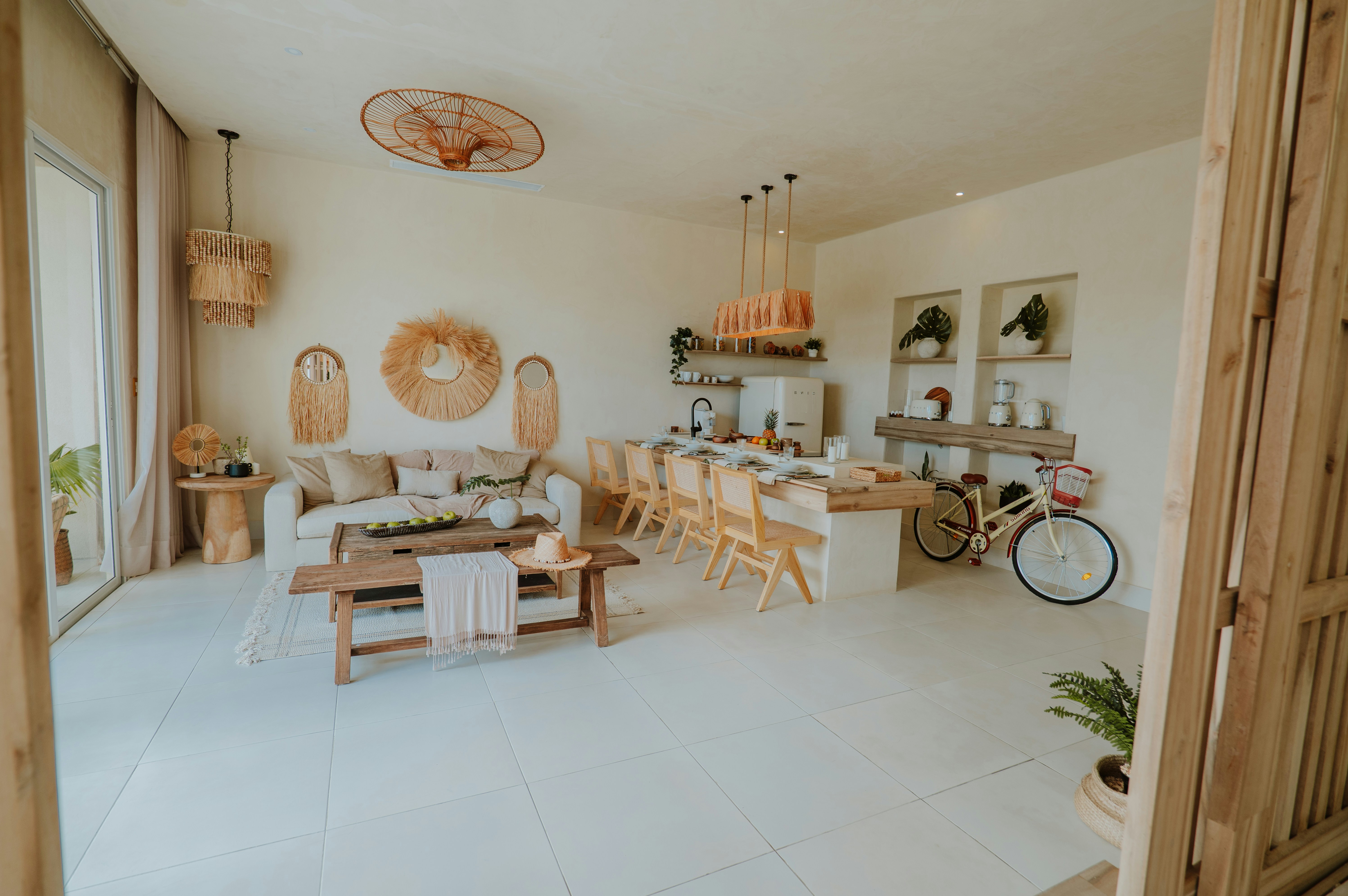 A bright and airy living room with natural accents.