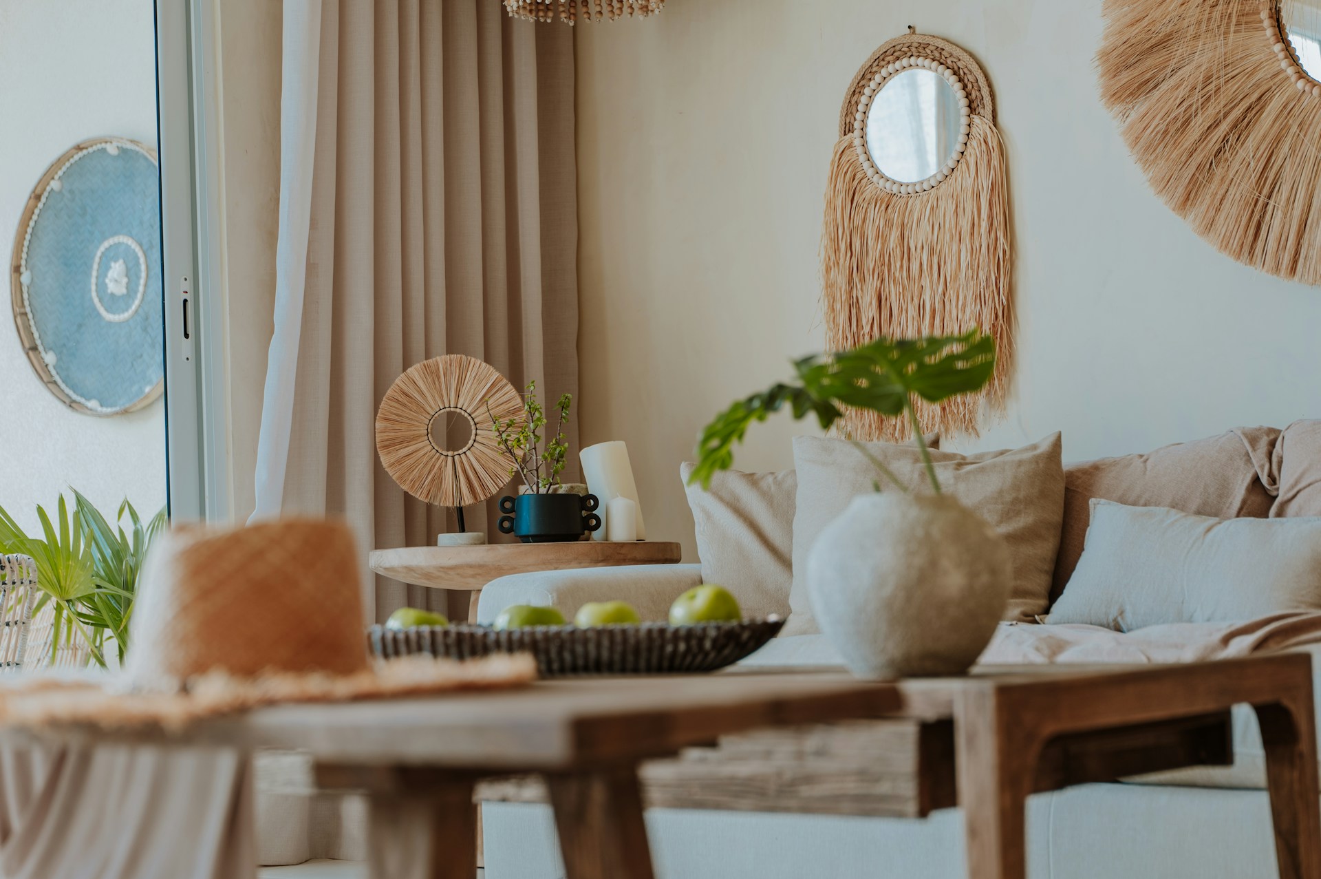 Cozy and modern living space with bohemian decor.