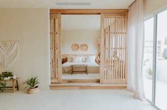A luxurious bedroom suite with wooden accents.