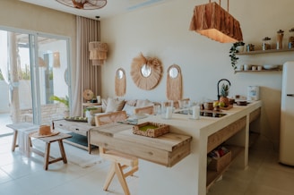 A beautiful, bohemian-style kitchen and living area.