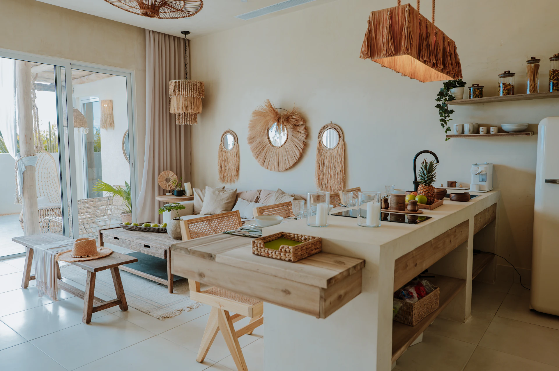 A beautiful, bohemian-style kitchen and living area.