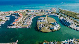 An aerial view of a seaside resort.