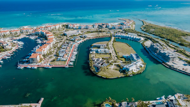An aerial view of a seaside resort.