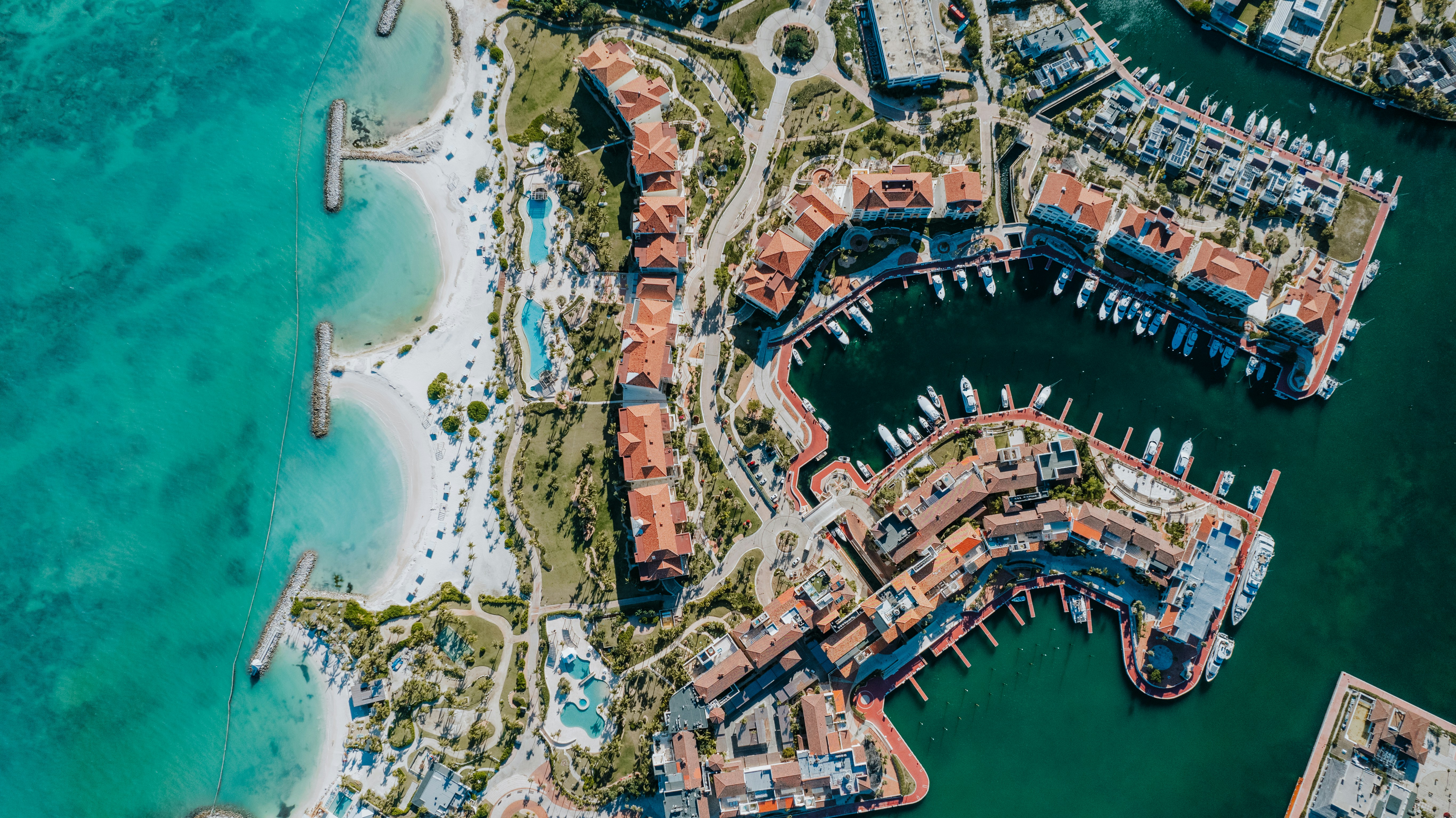Aerial view of a coastal resort and marina