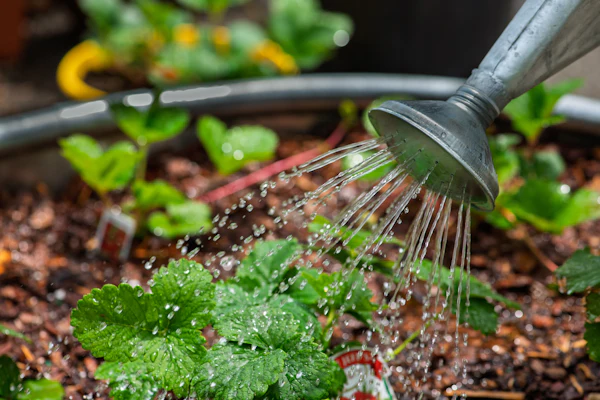 Watering a plant with a watering can