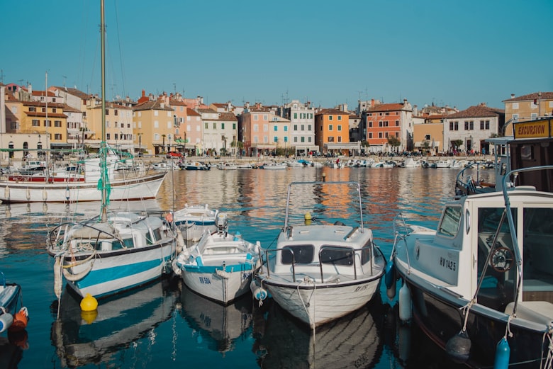 Boten in de haven van Rovinj met kleurrijke gebouwen op de achtergrond