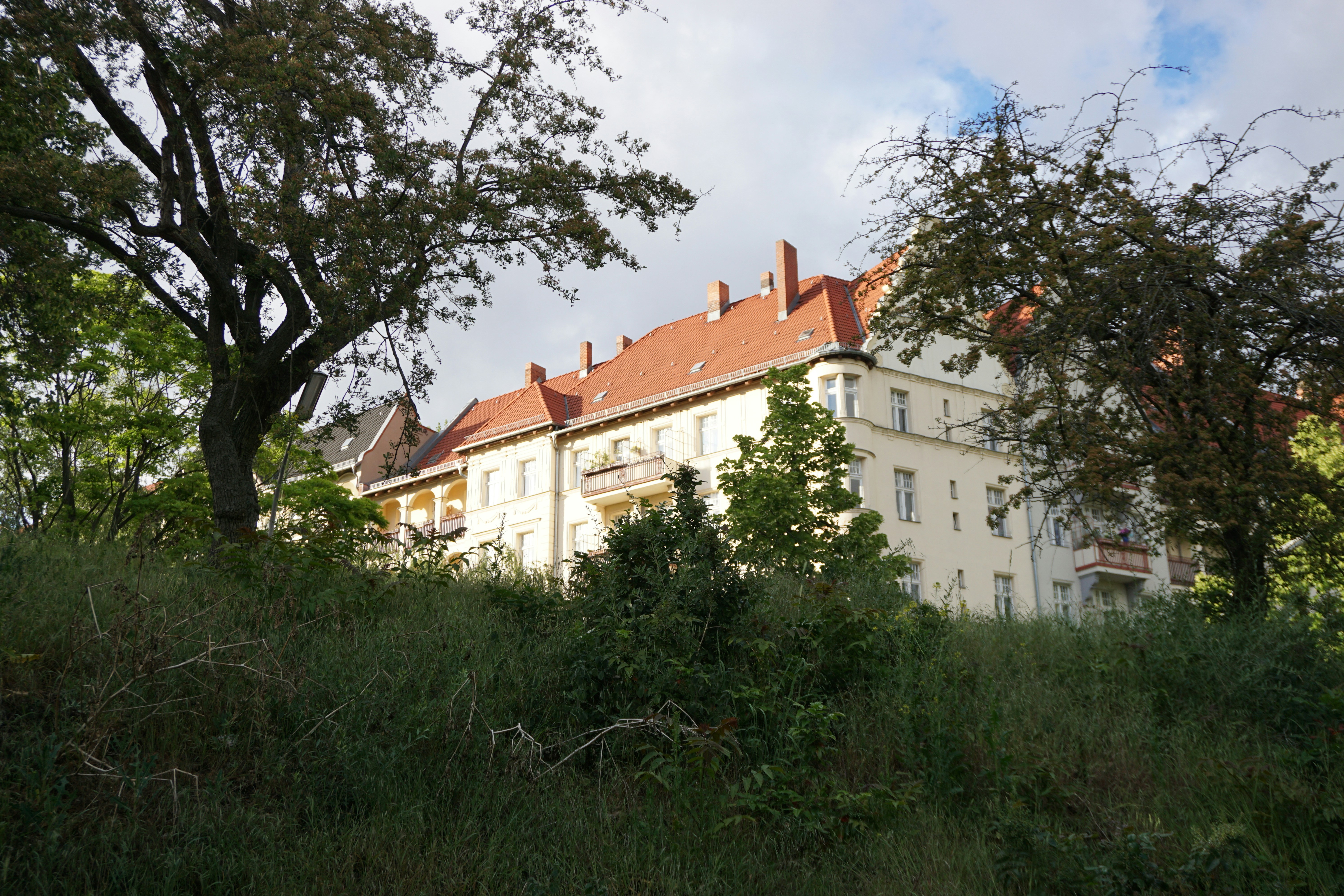 A building is nestled amid green trees.