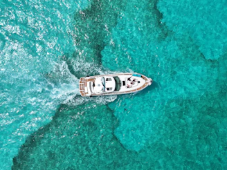 A boat speeds through crystal blue waters.