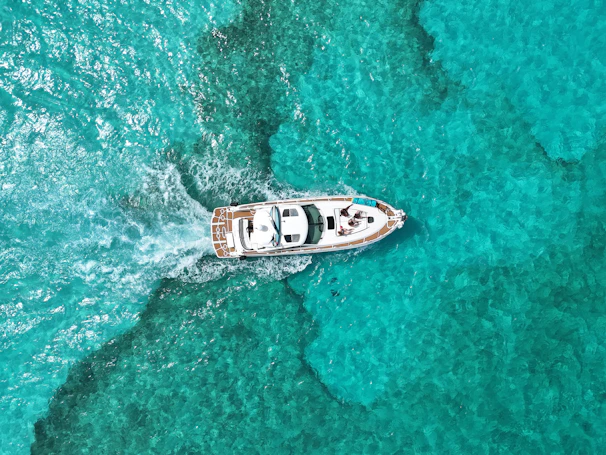 A boat speeds through crystal blue waters.