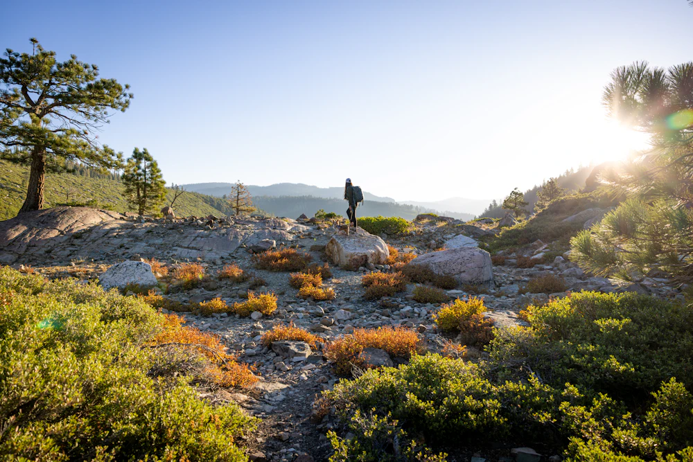 Hiker walking along a sunrise mountain trail, representing change and possibility