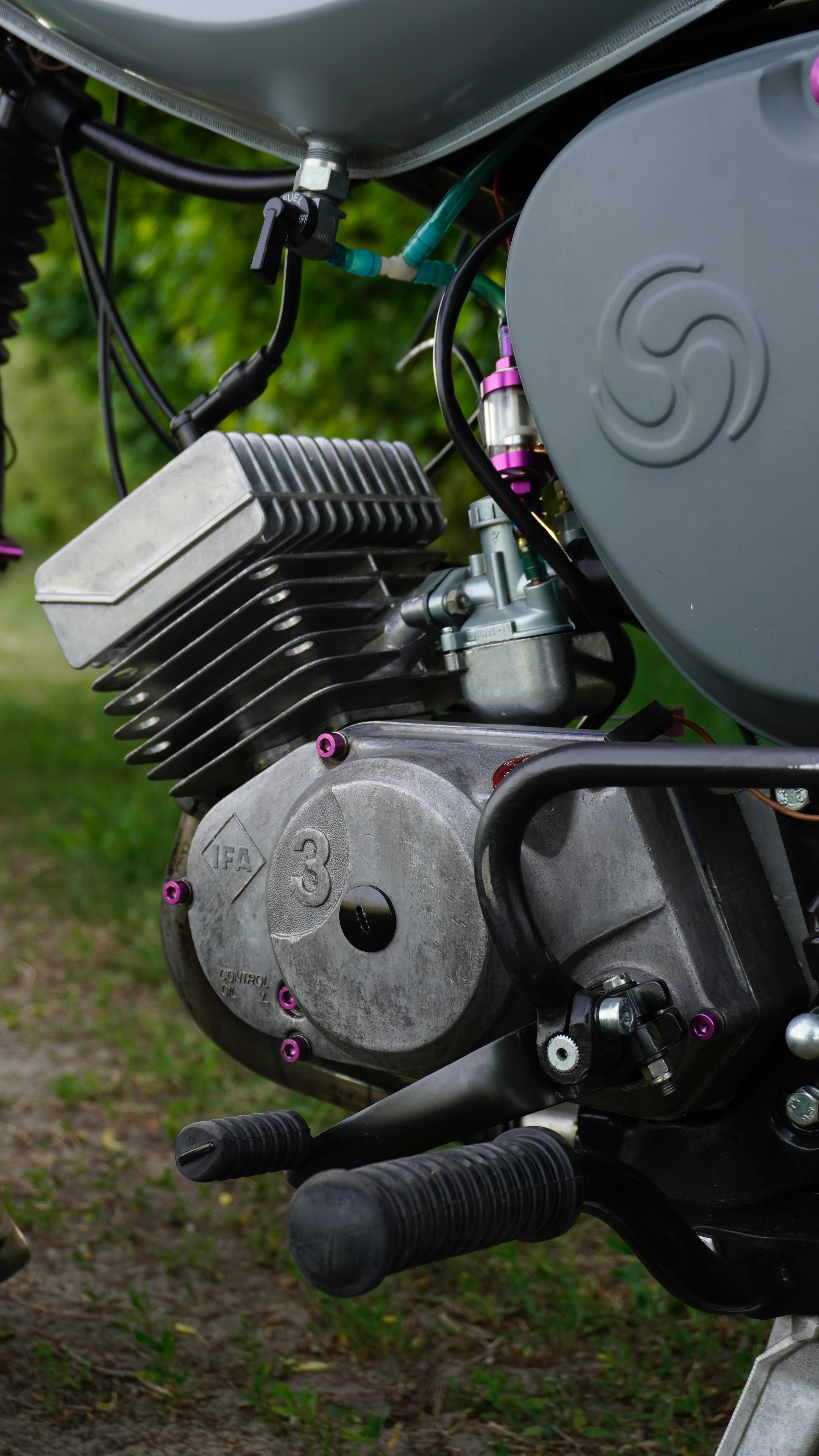Close-up of a vintage motorcycle engine.