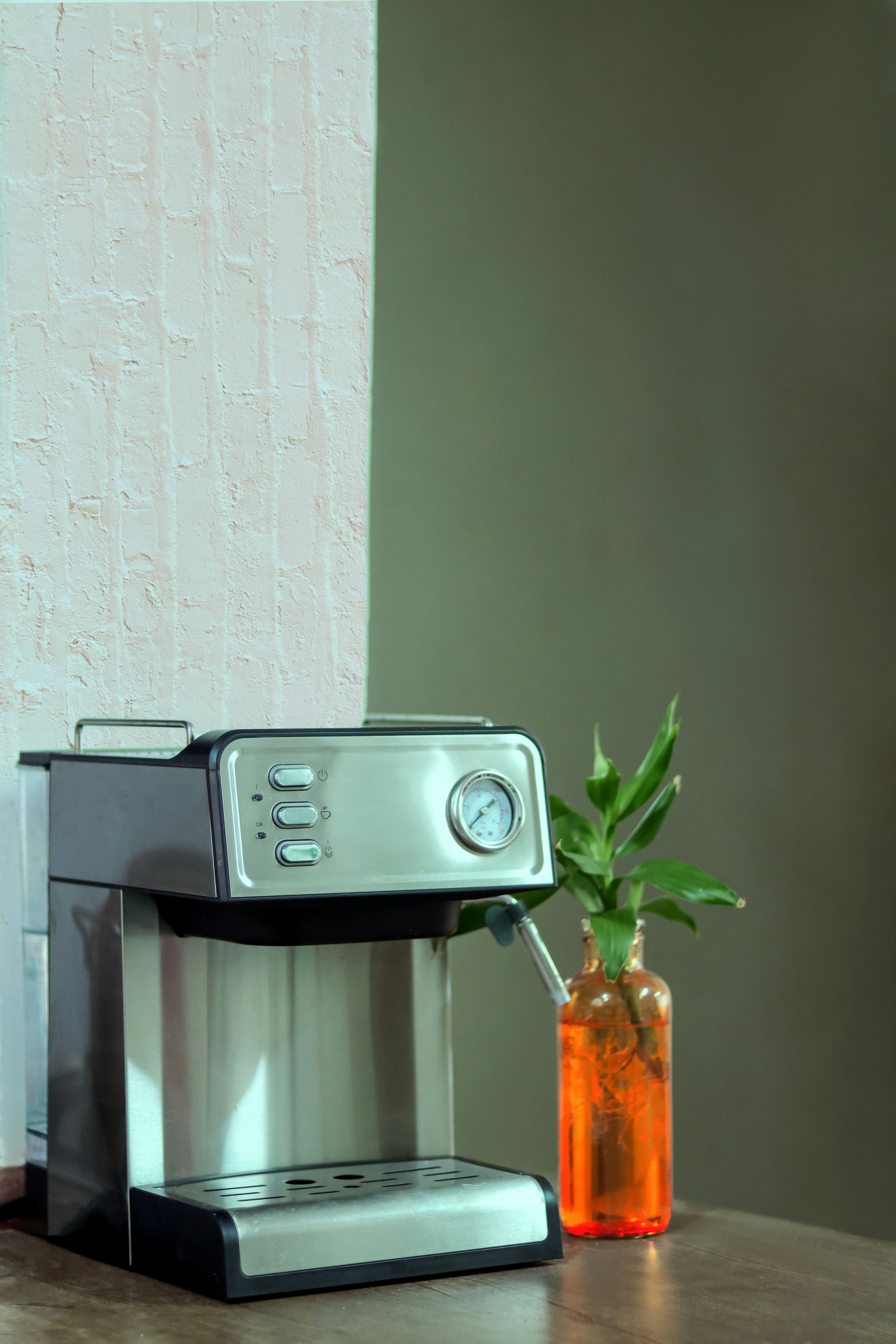 Coffee machine next to a small vase of greenery.