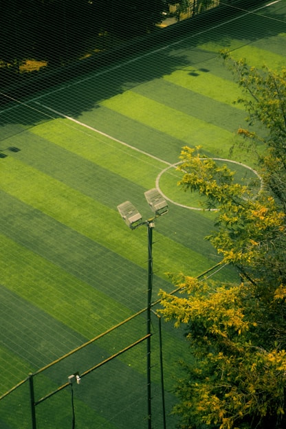 An aerial view of a soccer field.