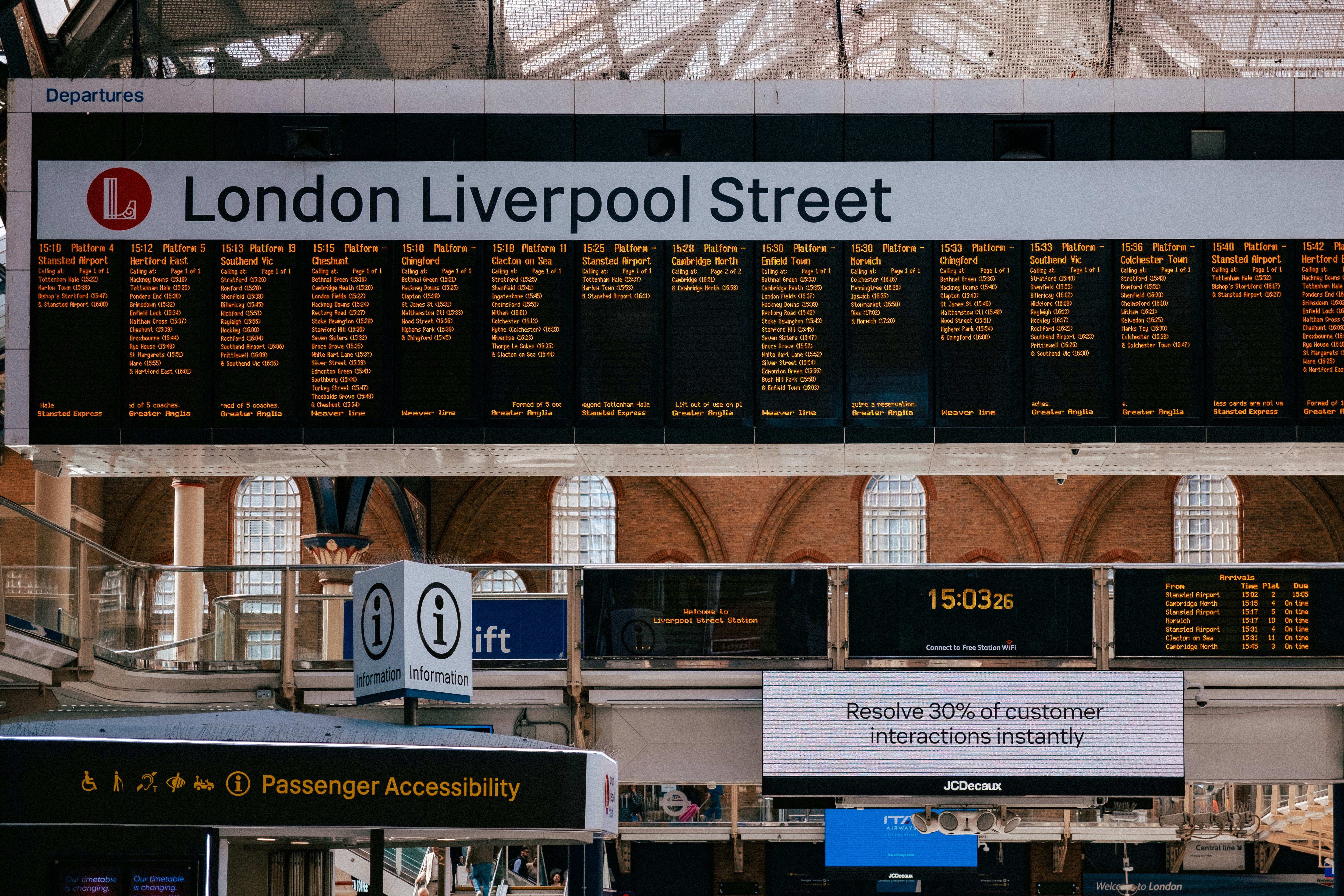 Train departures are displayed at london liverpool street station.