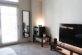 Modern living room with television and a mirror.