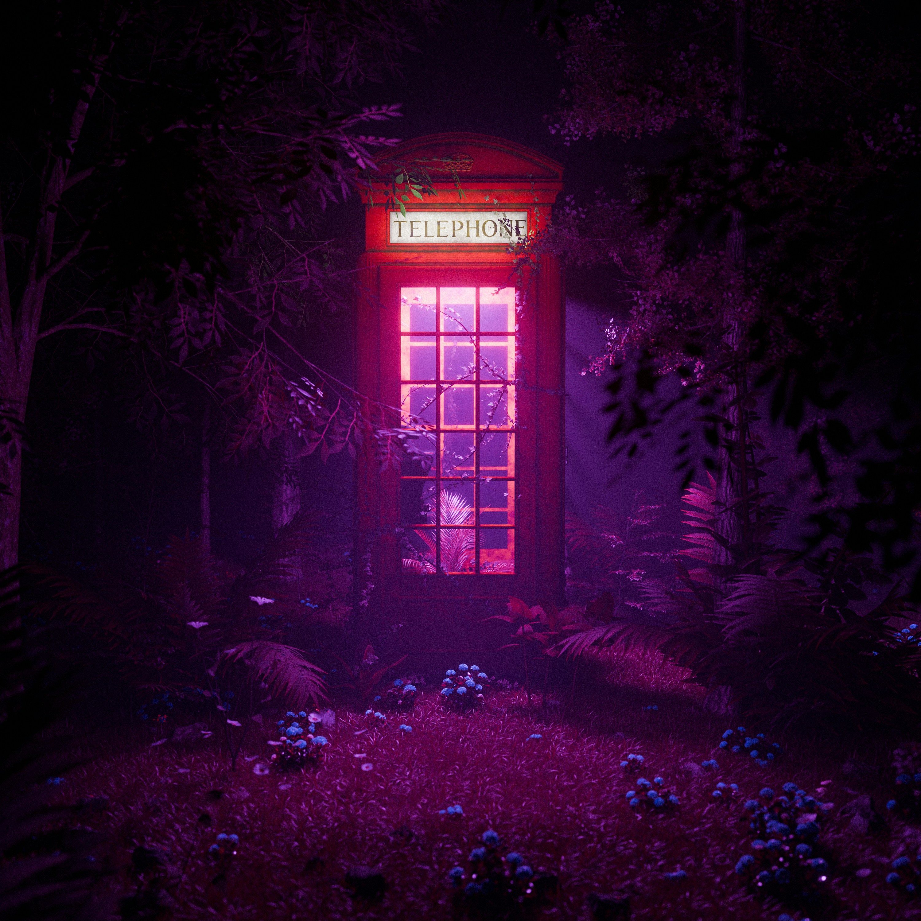 A telephone booth glows mysteriously in the woods.