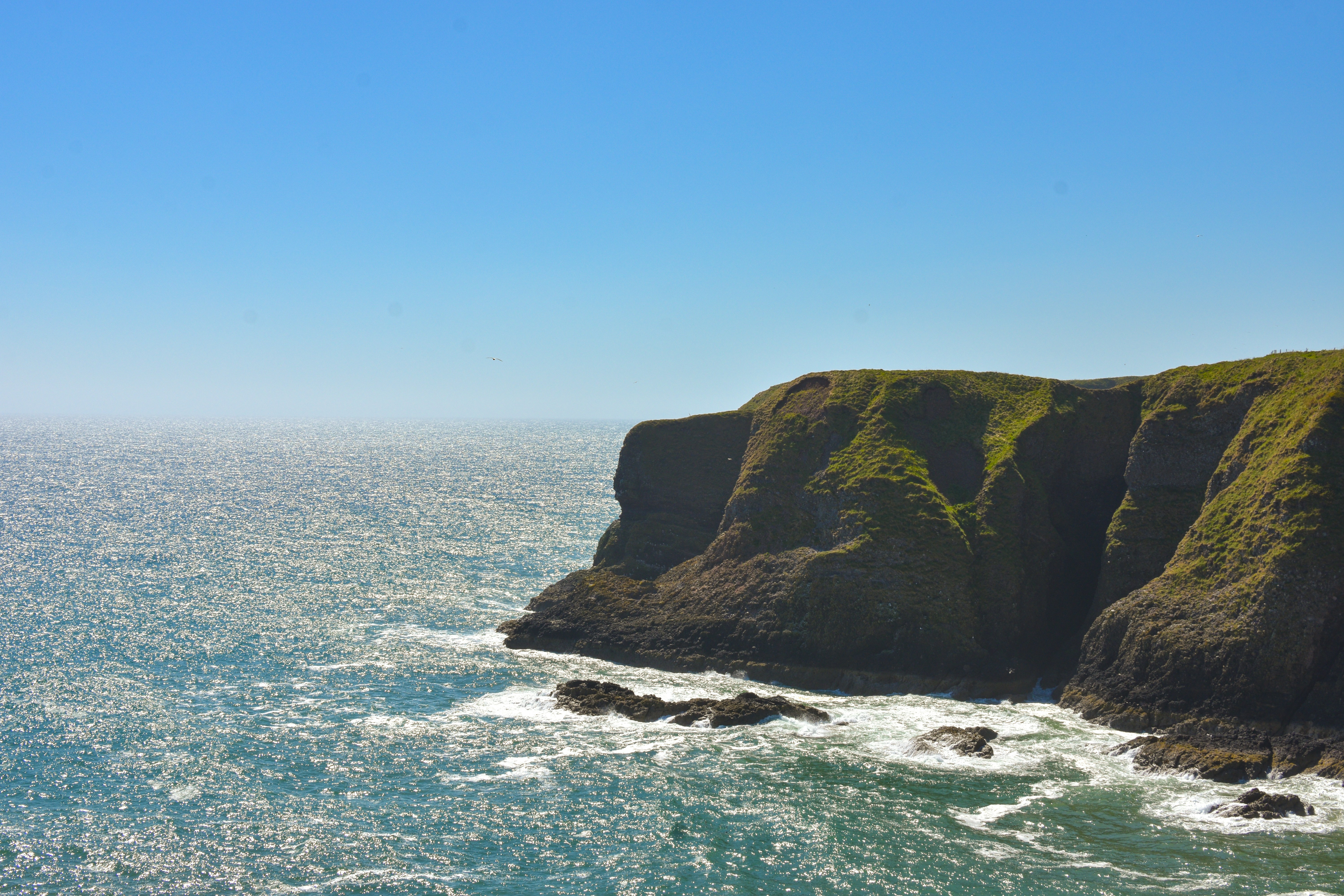 Cliffs meet the ocean under a bright blue sky.