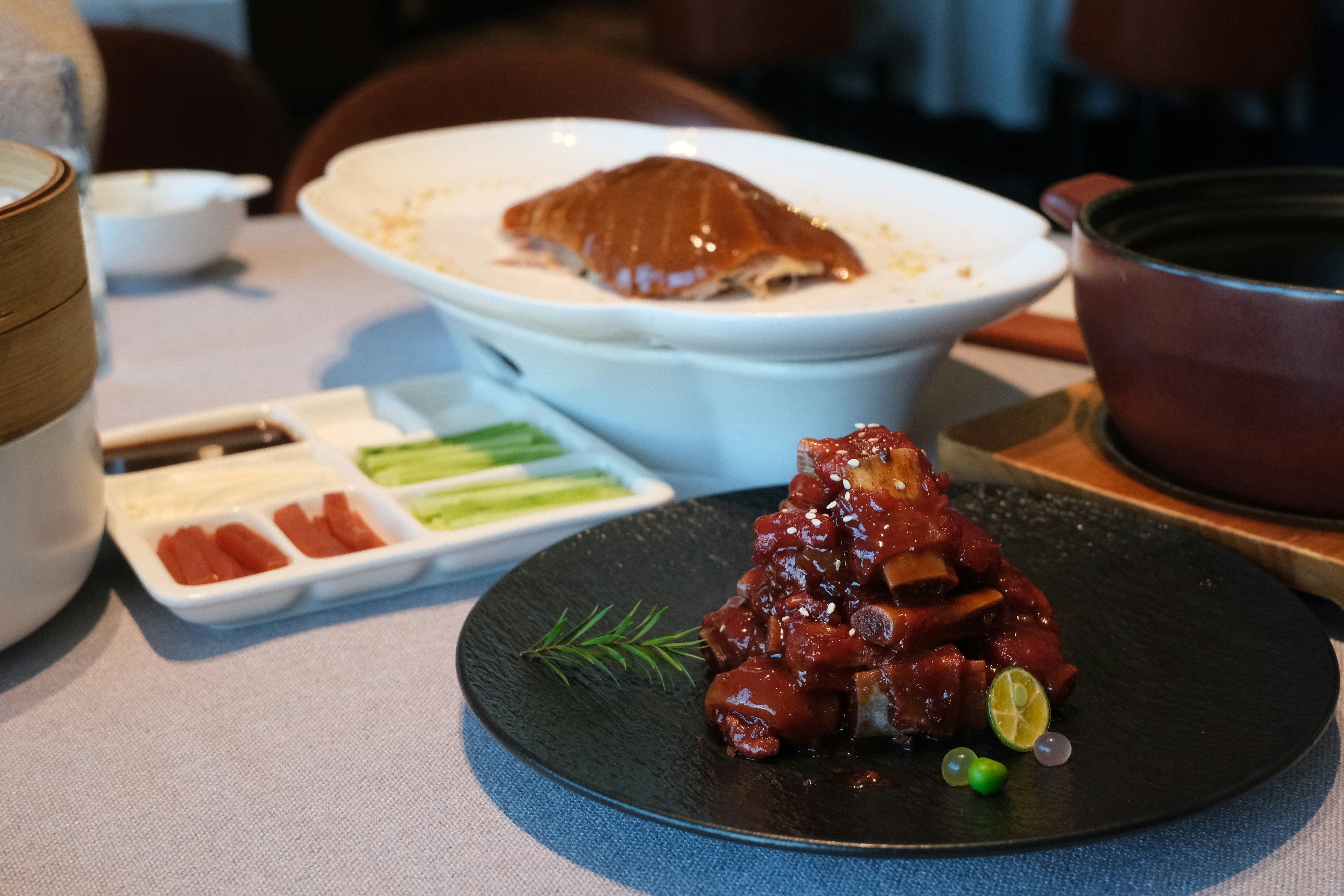 Delicious chinese food is prepared on the table.