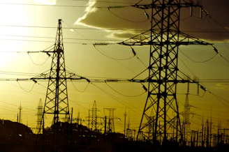 Power lines stand against a yellow sky.