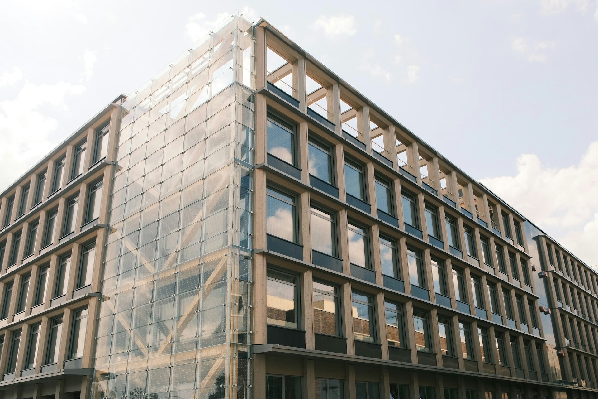 Modern architecture of a building with glass walls.
