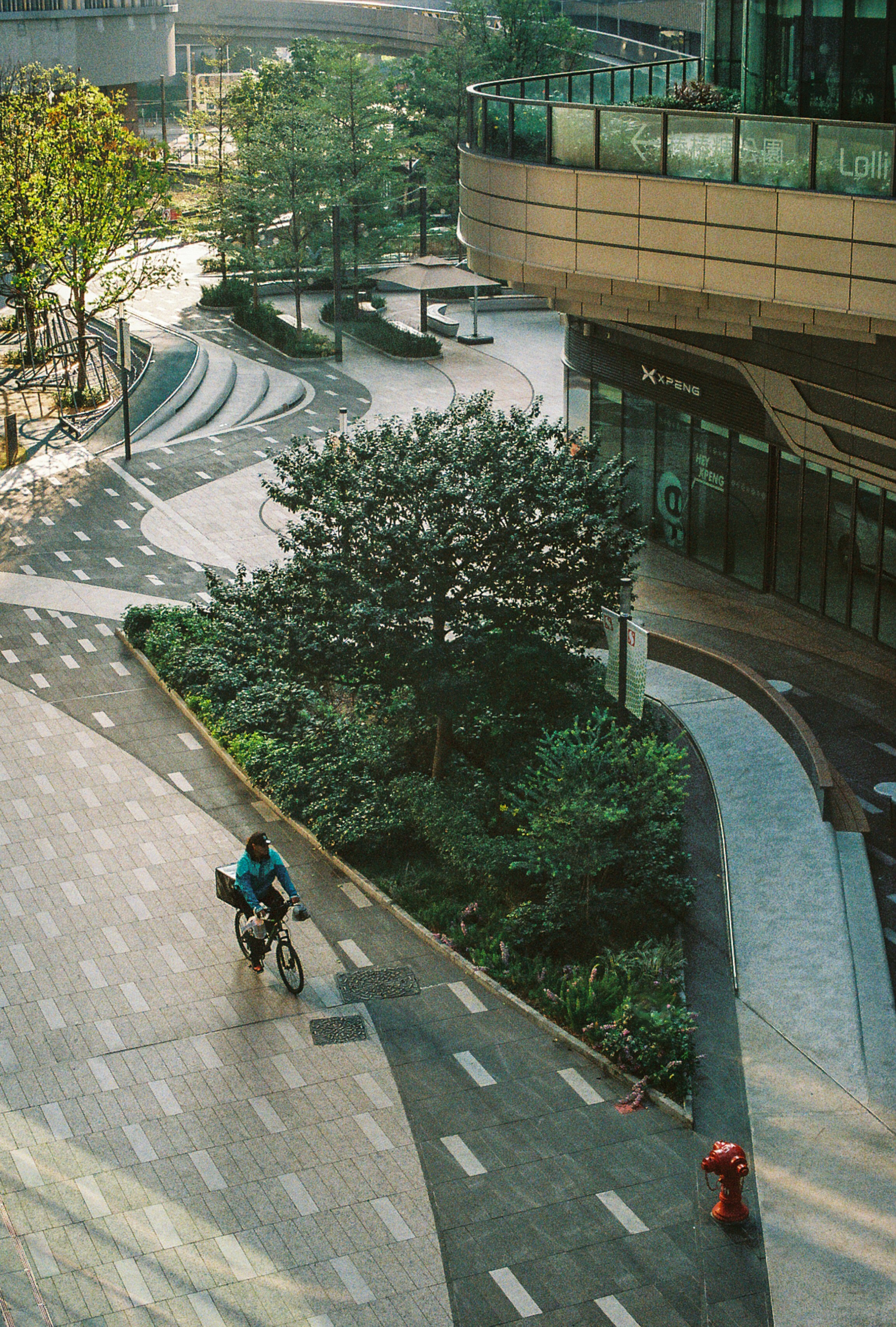 Cyclist rides past a building with greenery.