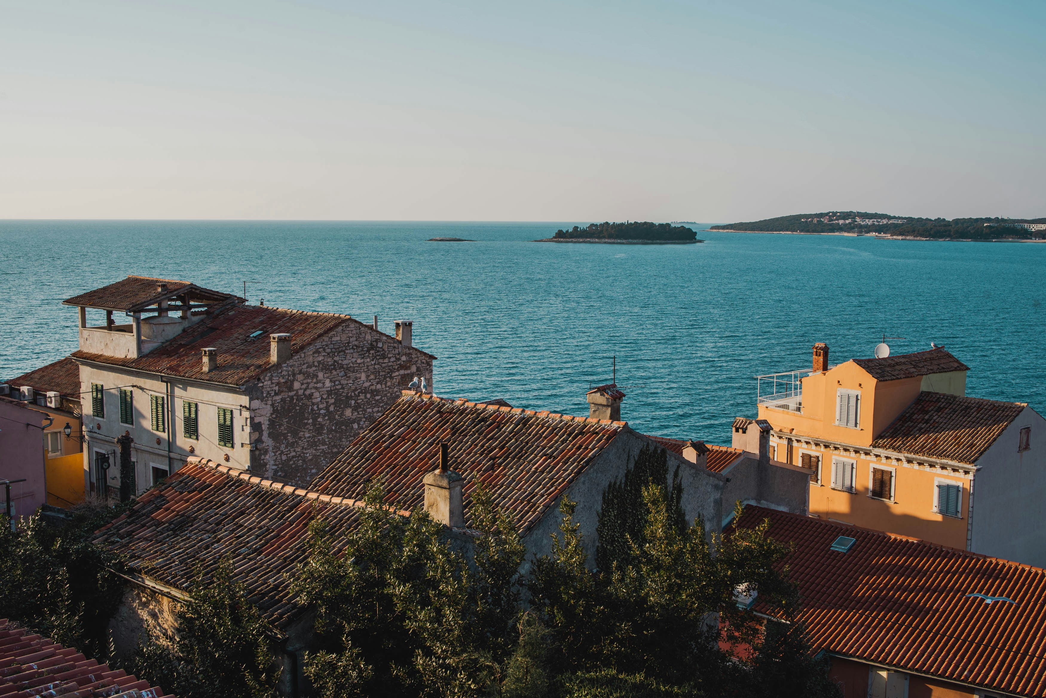 Coastal houses overlook the serene ocean and a small island.