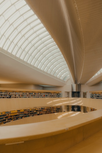 Modern library interior with bright skylight