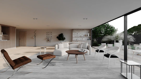 A modern living room with outdoor views.