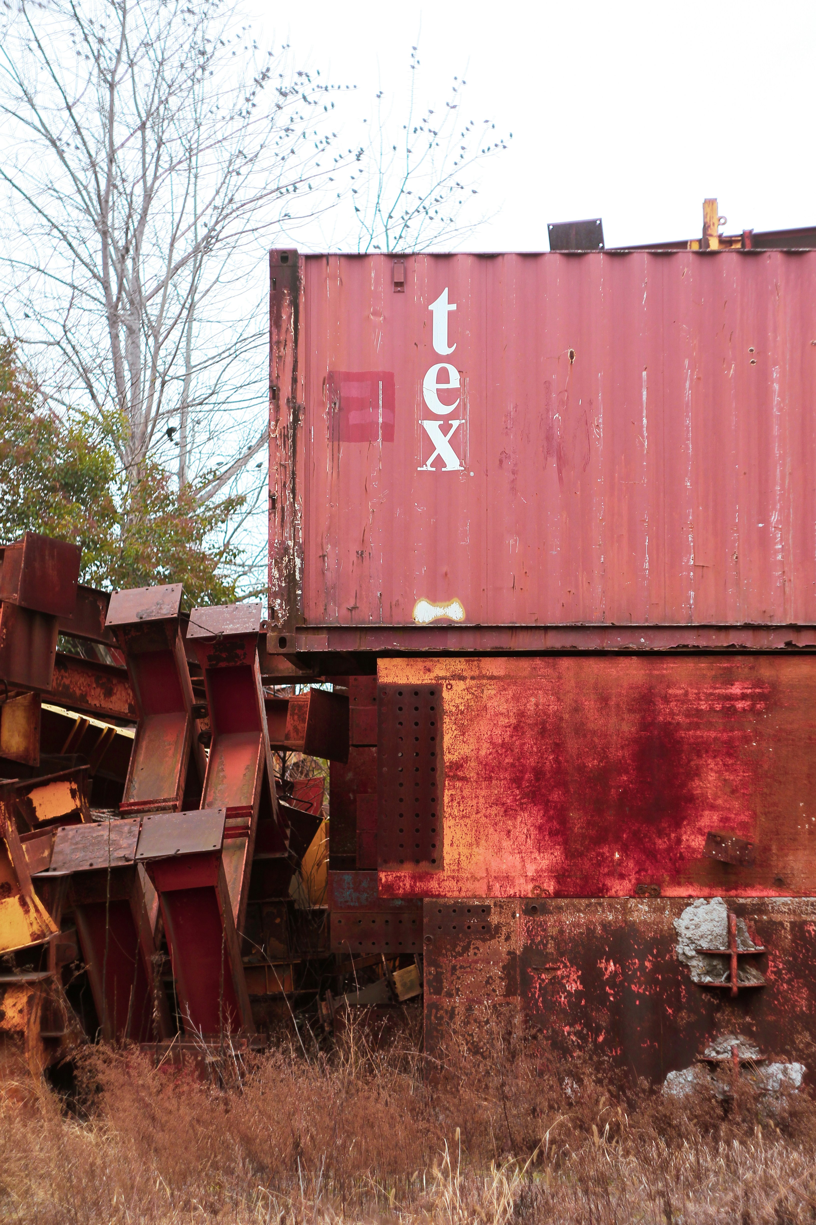 Rusty containers and metal pieces are visible.