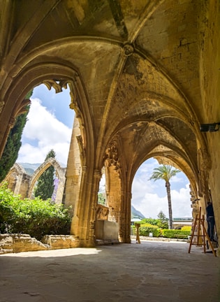 Arched, weathered architecture frames the vibrant outdoors.