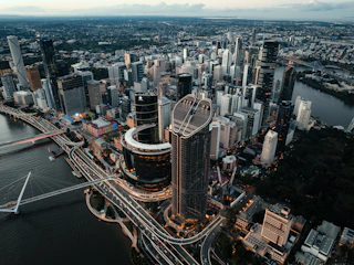 Cityscape view of a large, modern metropolis.