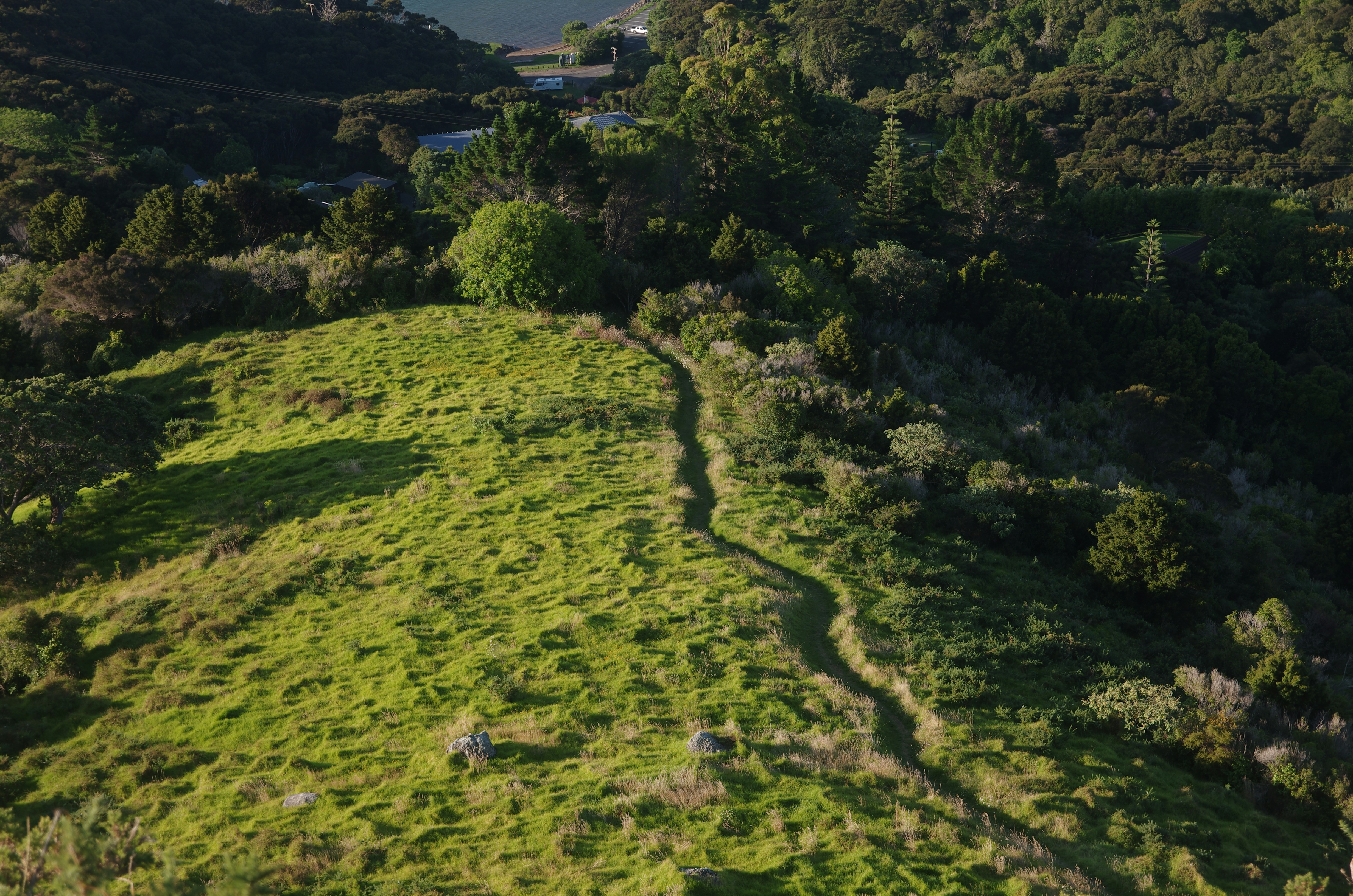 Aerial view of a path winding through green hills.
