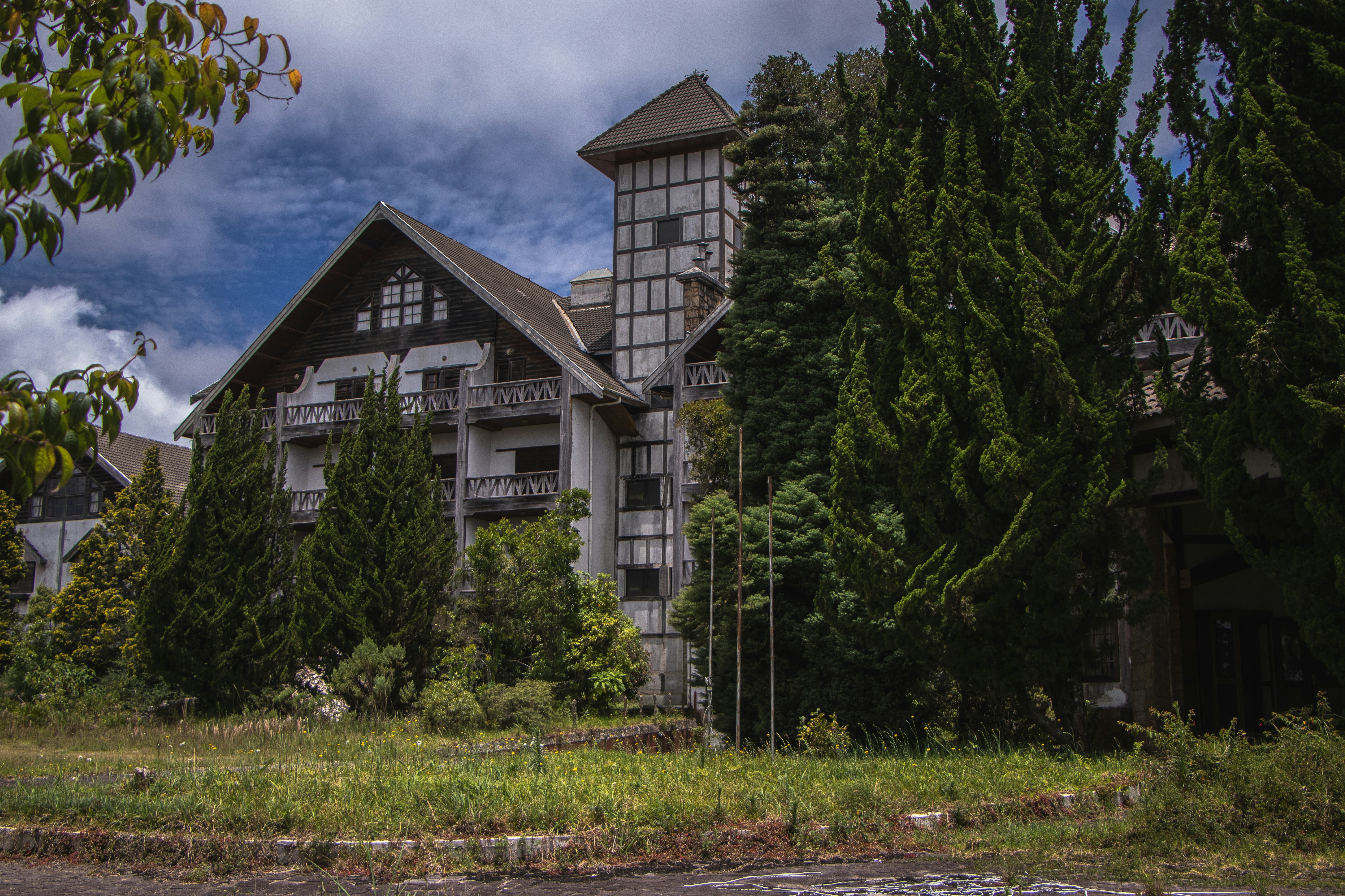 An abandoned building stands amid lush green trees.
