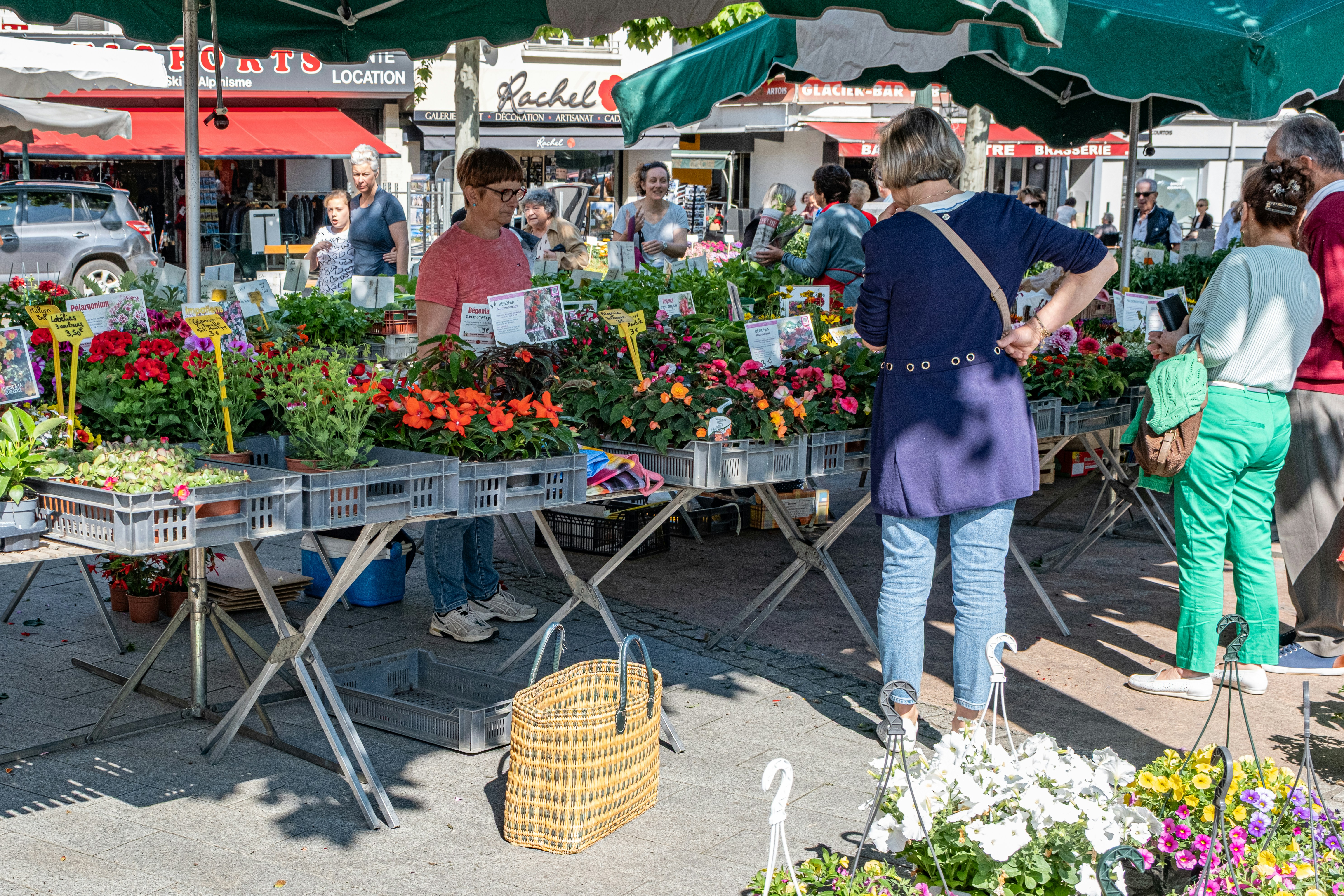 People browse flowers at an outdoor market.