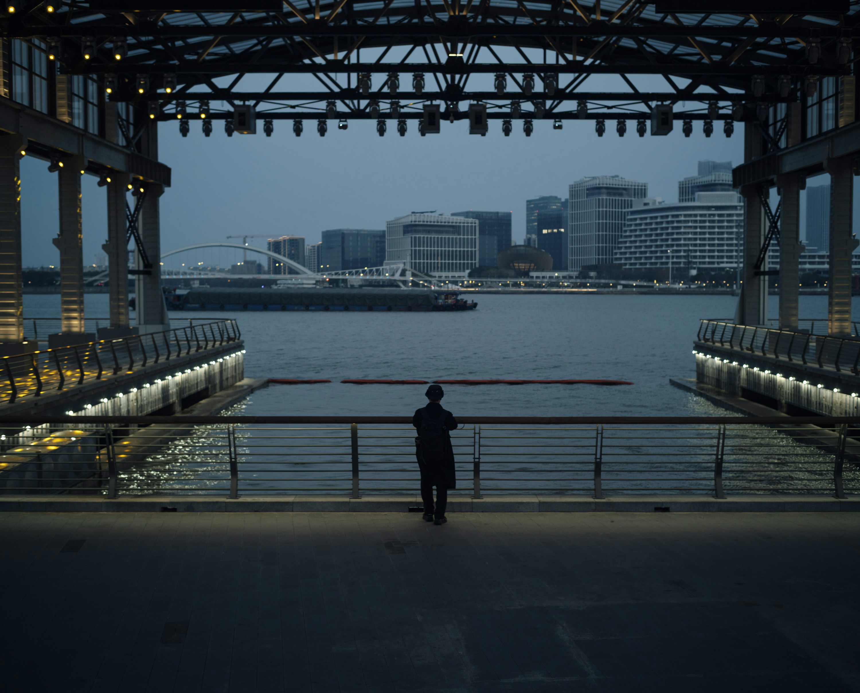 Person gazes at a city waterfront in the evening.