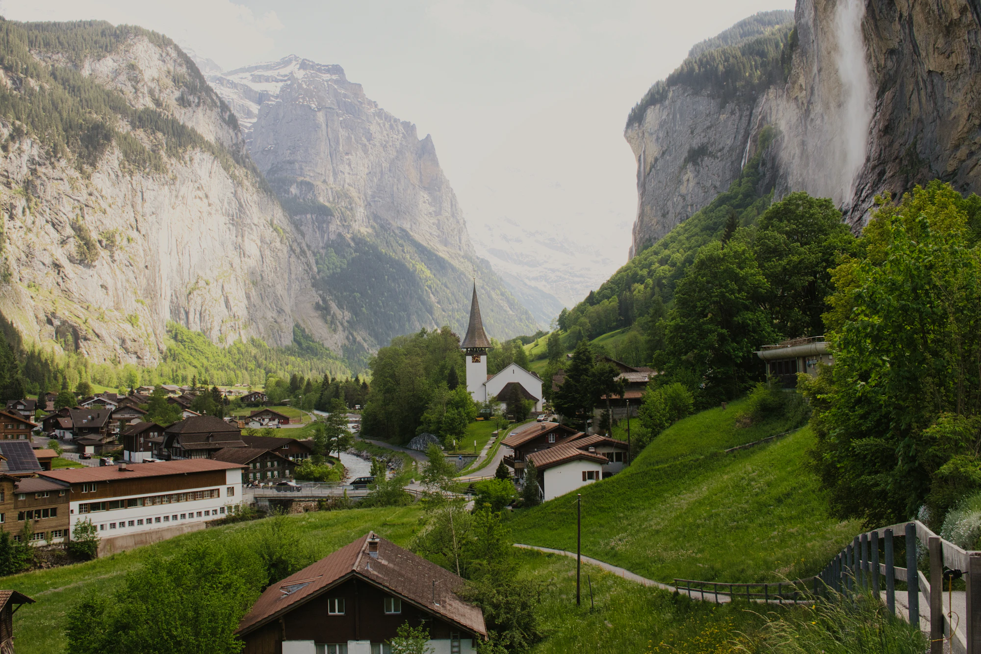 Lauterbrunnen village surrounded by cliffs and waterfalls