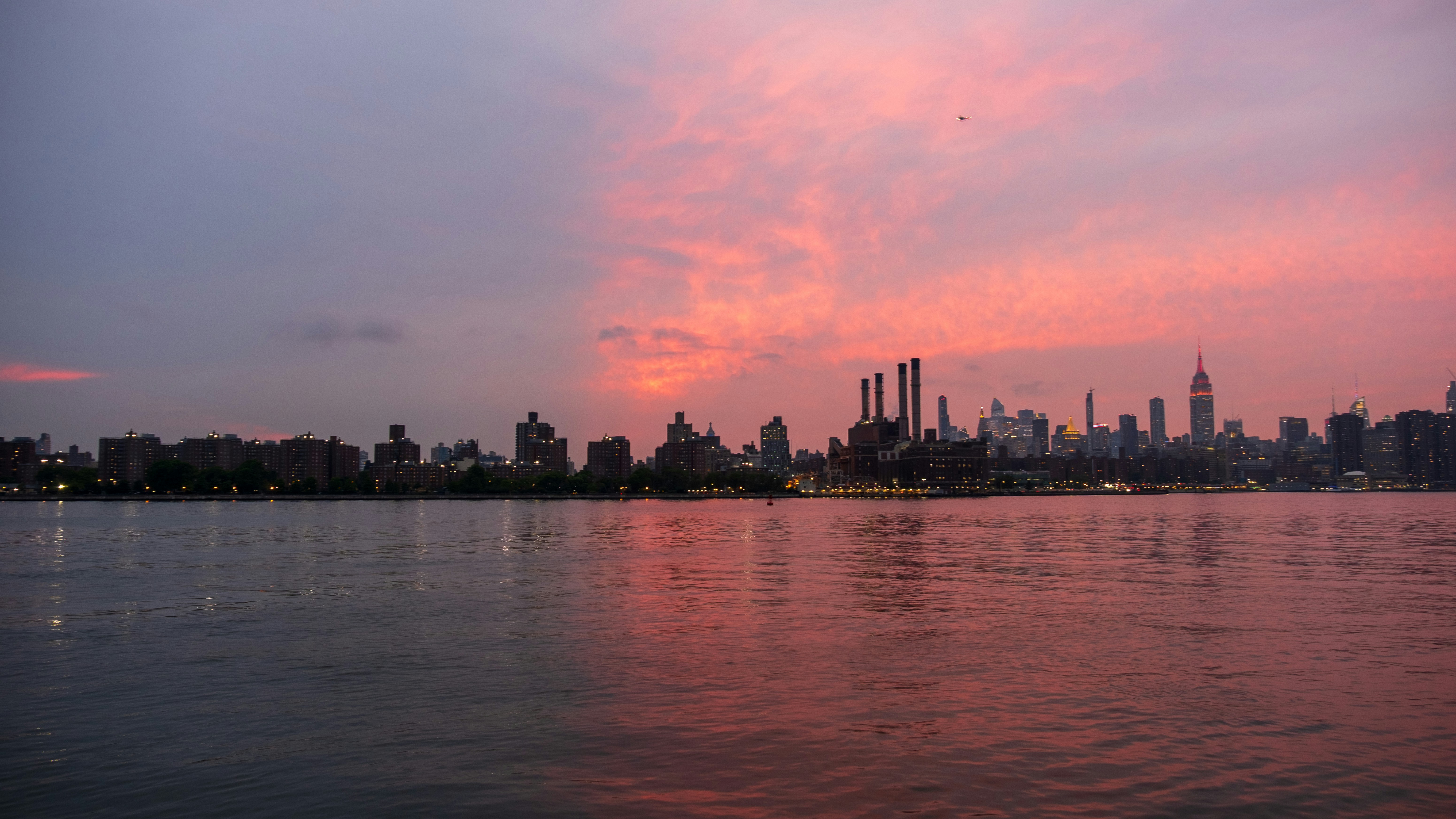 A pink sunset over new york city.