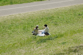 Couple enjoys a picnic in the grass.